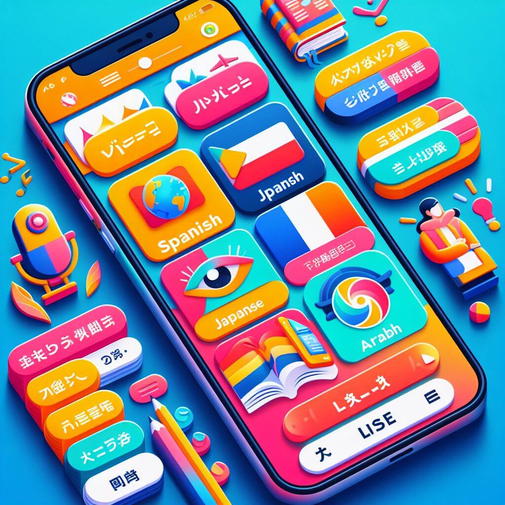 Arte criada mostrando um celular com vários ícones representando diferentes idiomas