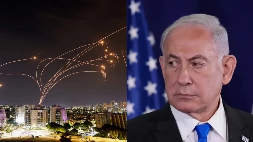 Imagem dividida entre, a cidade de Jerusalém defendendo a cidade de mísseis e na outra parte, o presidente de Israel em uma entrevista