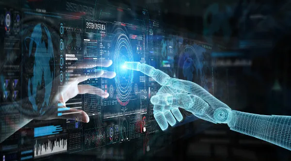 Mão humana e mão robótica tocando um gráfico digital
