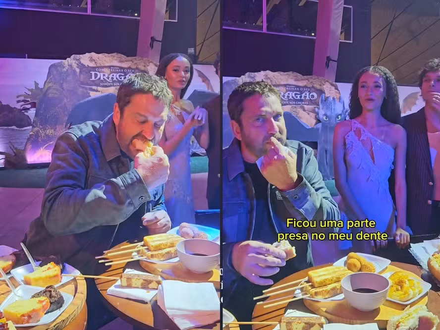 Gerard Butler se rende ao dogão brasileiro durante visita para divulgar Como Treinar Seu Dragão